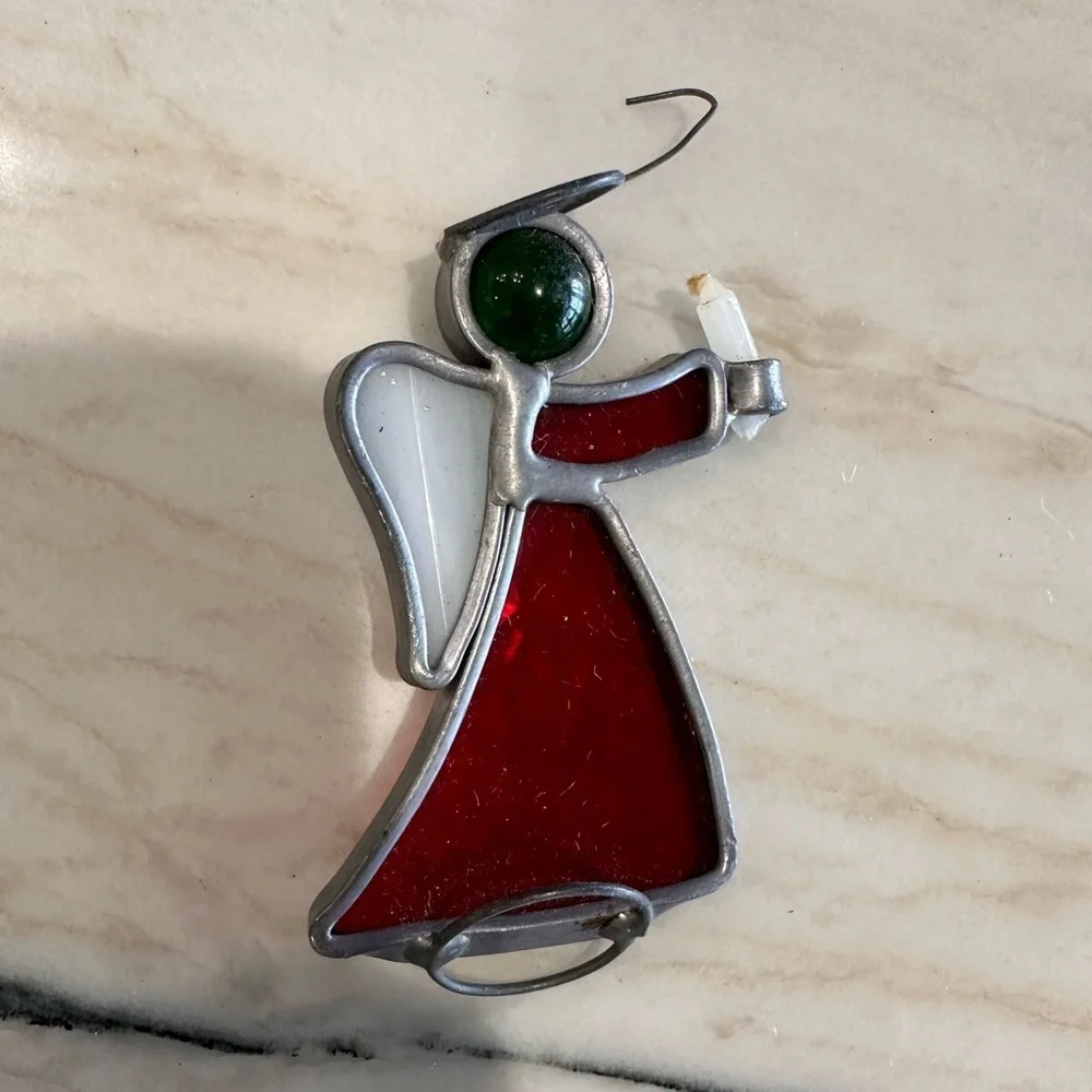 Vintage Stained Glass Angel holding real candle Ornament